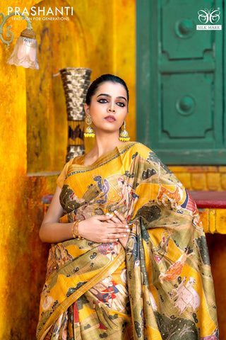Pure tussar silk saree mustard yellow with allover digital pichwai prints & pita work and zari line border