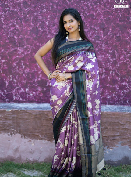 Pure tussar silk saree purple and black with allover floral digital prints and temple deisgn zari woven vidarbha border