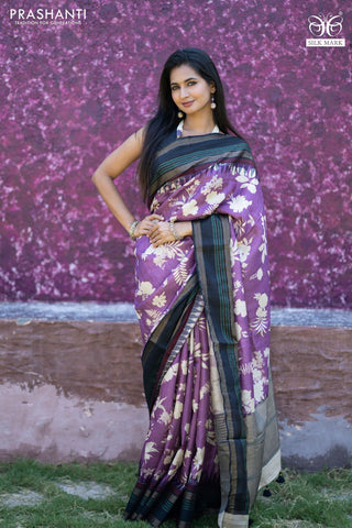 Pure tussar silk saree purple and black with allover floral digital prints and temple deisgn zari woven vidarbha border
