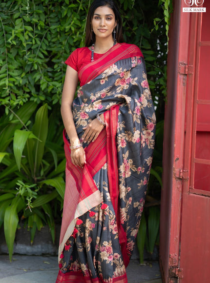 Pure tussar silk saree elephant grey and red with allover floral digital prints and temple deisgn zari woven vidarbha border