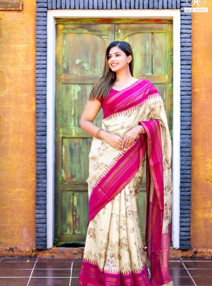 Pure tussar silk saree cream and pink with allover floral digital prints and temple deisgn zari woven vidarbha border