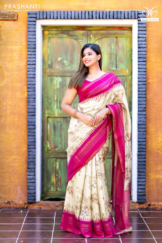 Pure tussar silk saree cream and pink with allover floral digital prints and temple deisgn zari woven vidarbha border