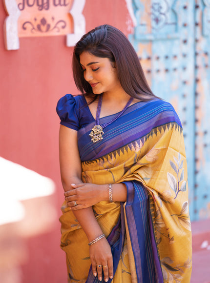 Pure tussar silk saree mustard shade and blue with allover floral digital prints and temple deisgn zari woven vidarbha border
