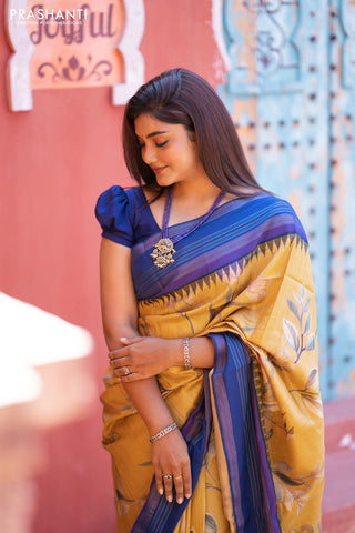 Pure tussar silk saree mustard shade and blue with allover floral digital prints and temple deisgn zari woven vidarbha border