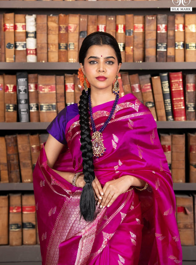 Banarasi poona silk saree pink and violet with zari woven buttas and zari woven border