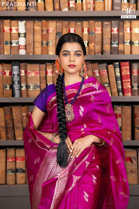 Banarasi poona silk saree pink and violet with zari woven buttas and zari woven border
