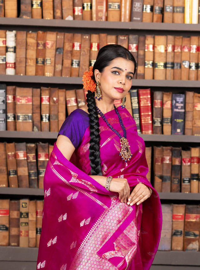 Banarasi poona silk saree pink and violet with zari woven buttas and zari woven border