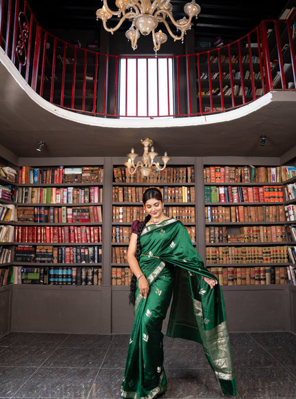 Banarasi poona silk saree green with silver zari woven buttas and silver zari woven border