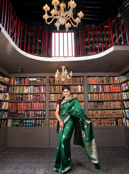 Banarasi poona silk saree green with silver zari woven buttas and silver zari woven border