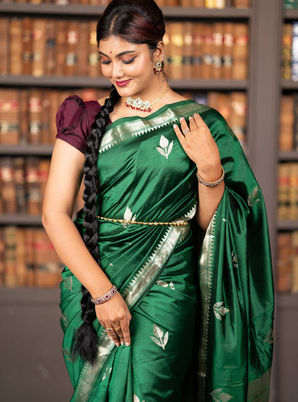 Banarasi poona silk saree green with silver zari woven buttas and silver zari woven border