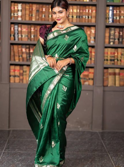 Banarasi poona silk saree green with silver zari woven buttas and silver zari woven border