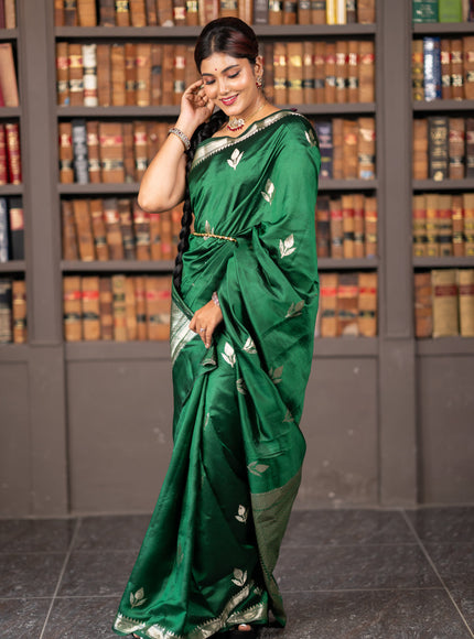 Banarasi poona silk saree green with silver zari woven buttas and silver zari woven border