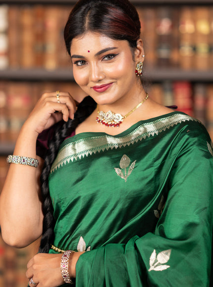 Banarasi poona silk saree green with silver zari woven buttas and silver zari woven border