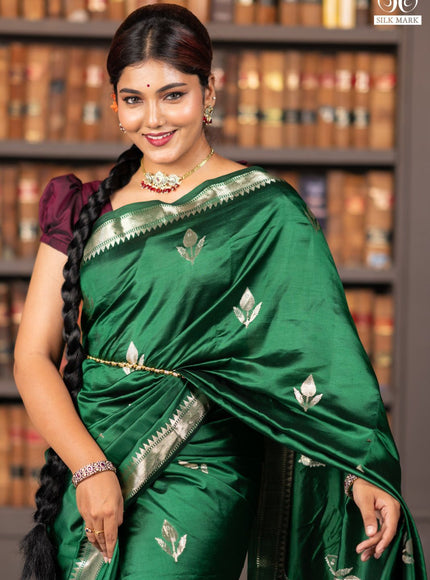 Banarasi poona silk saree green with silver zari woven buttas and silver zari woven border