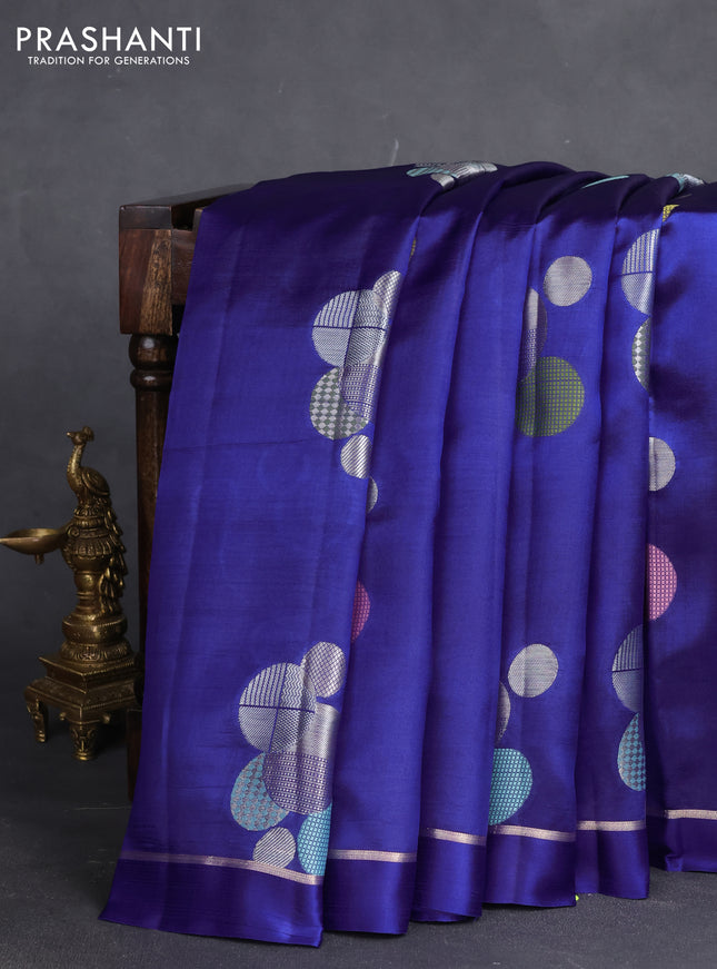 Banarasi poona silk saree blue with thread & silver zari woven geometric buttas and zari woven simple border