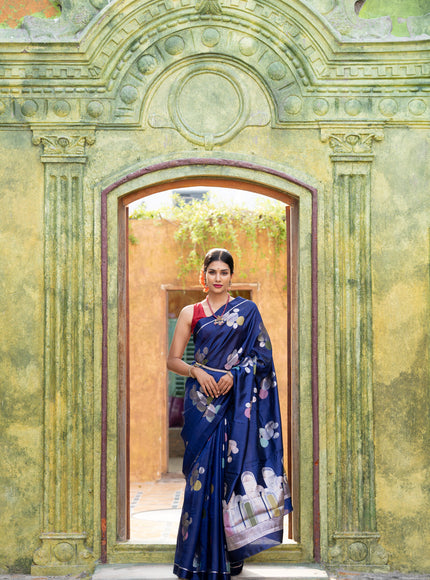 Banarasi poona silk saree blue with thread & silver zari woven geometric buttas and zari woven simple border