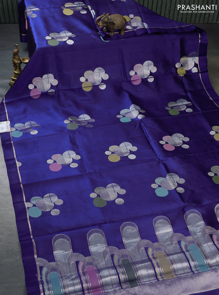 Banarasi poona silk saree blue with thread & silver zari woven geometric buttas and zari woven simple border