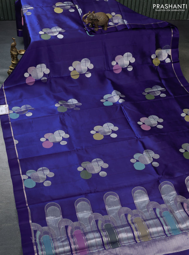 Banarasi poona silk saree blue with thread & silver zari woven geometric buttas and zari woven simple border