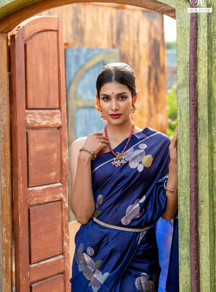 Banarasi poona silk saree blue with thread & silver zari woven geometric buttas and zari woven simple border