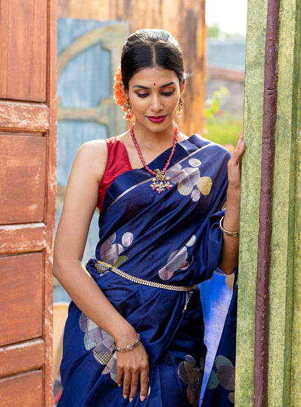 Banarasi poona silk saree blue with thread & silver zari woven geometric buttas and zari woven simple border