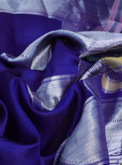 Banarasi poona silk saree blue with thread & silver zari woven geometric buttas and zari woven simple border