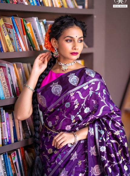 Banarasi poona silk saree violet and pink with thread & silver zari weaves in borderless style