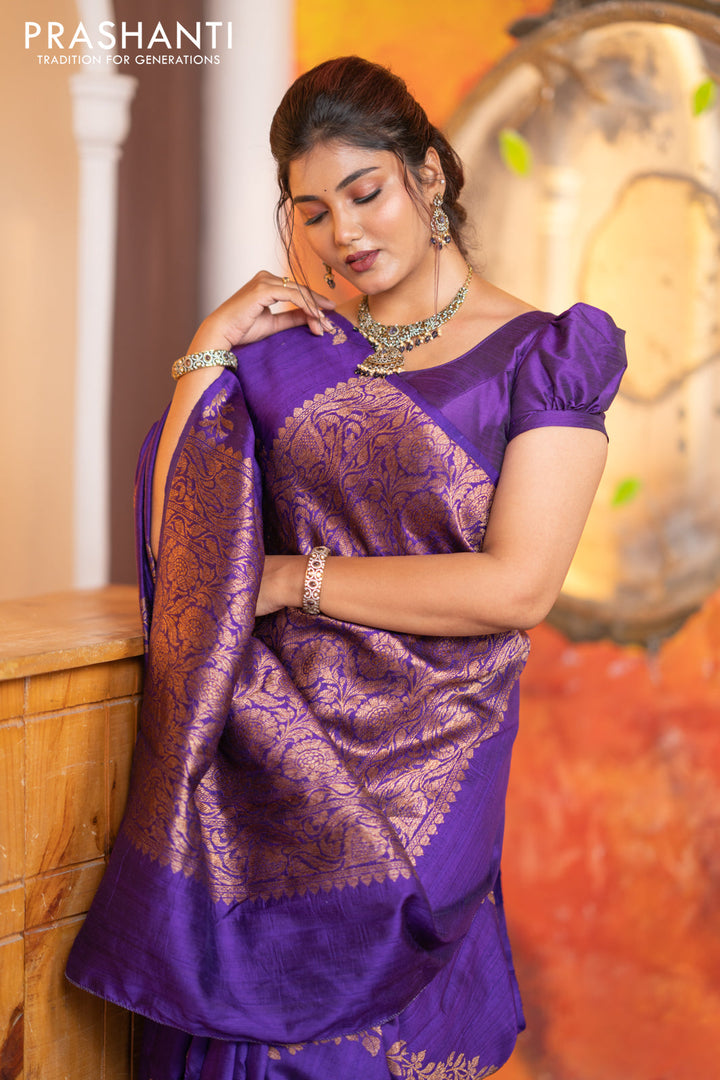 Banarasi raw silk saree violet with allover thread & zari weaves in borderless style