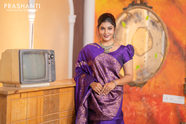 Banarasi raw silk saree violet with allover thread & zari weaves in borderless style