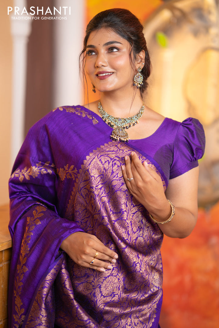 Banarasi raw silk saree violet with allover thread & zari weaves in borderless style
