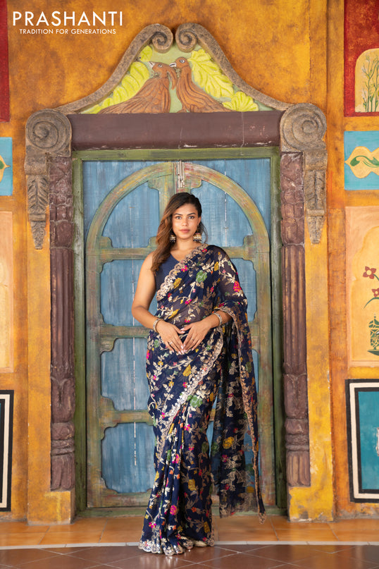 Pure organza silk saree dark blue with allover thread & zari weaves and gottapatti lace & mirror work border