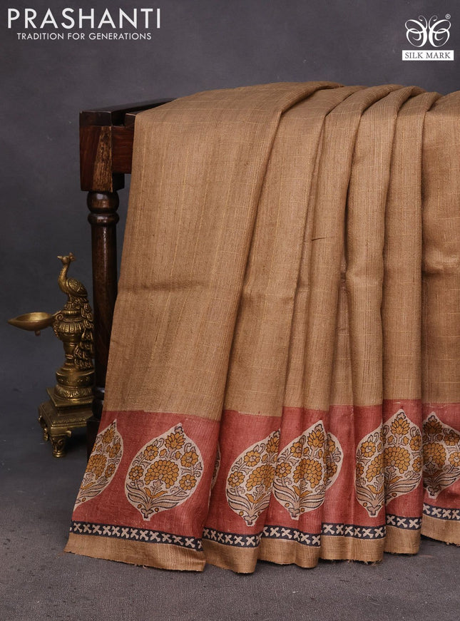 Pure tussar silk saree pastel brown and rust shade with allover zari checked pattern and digital printed border