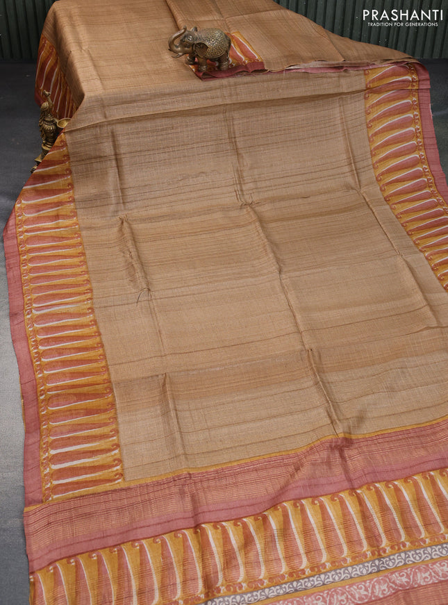 Pure tussar silk saree dark sandal and maroon shade with allover zari checked pattern and digital printed border