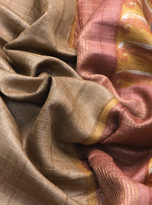 Pure tussar silk saree dark sandal and maroon shade with allover zari checked pattern and digital printed border