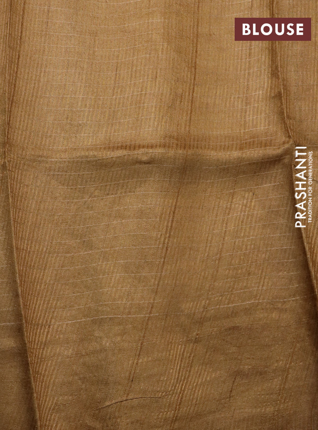 Pure tussar silk saree dark sandal and maroon shade with allover zari checked pattern and digital printed border