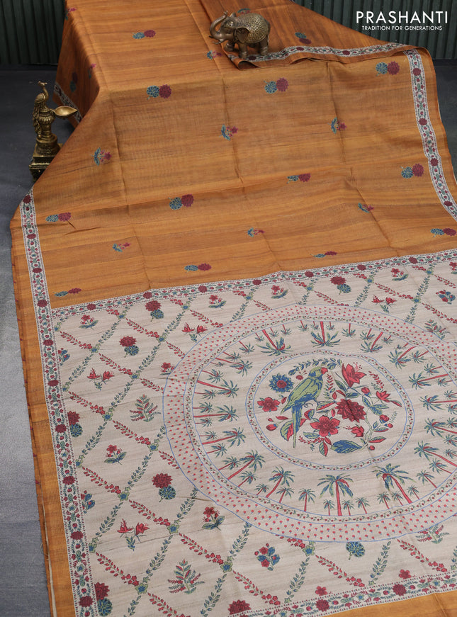 Chappa saree dark mustard and beige with allover vairosi pattern & butta prints and printed border