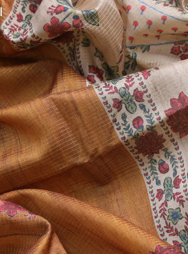 Chappa saree dark mustard and beige with allover vairosi pattern & butta prints and printed border