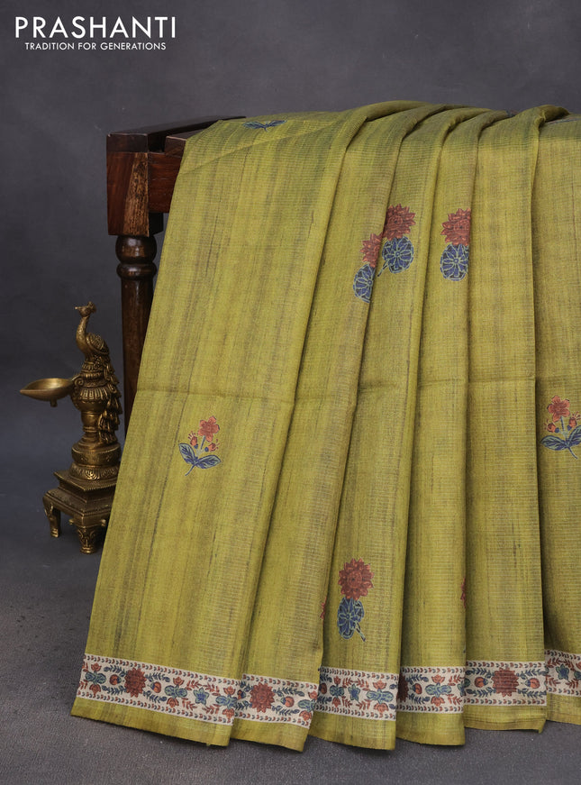 Chappa saree light green and beige with allover vairosi pattern & butta prints and printed border