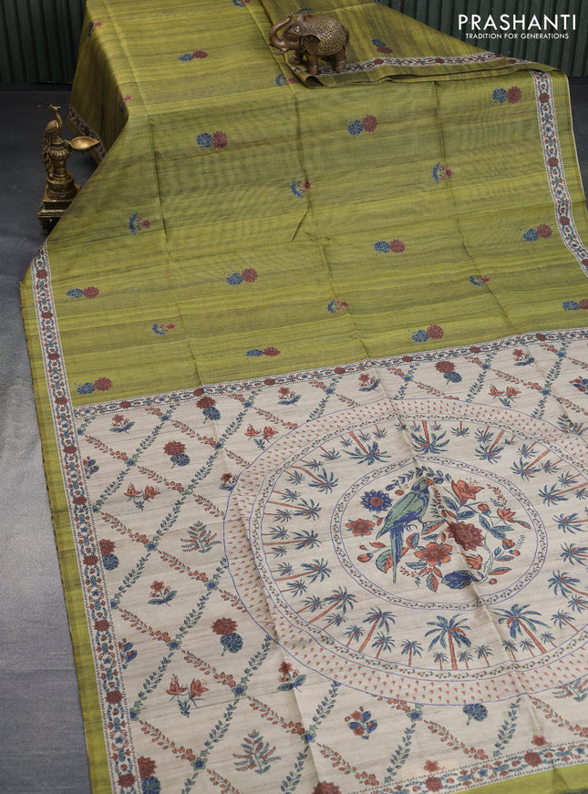 Chappa saree light green and beige with allover vairosi pattern & butta prints and printed border