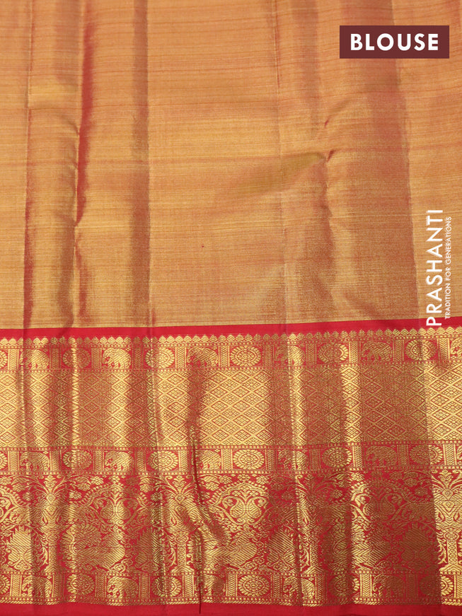 Pure kanchipuram tissue silk saree gold and red with allover silver zari woven brocade weaves and long rich zari woven border
