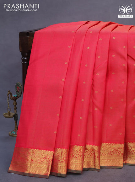 Pure kanchipuram silk saree pink and green with allover zari weaves & buttas and zari woven border