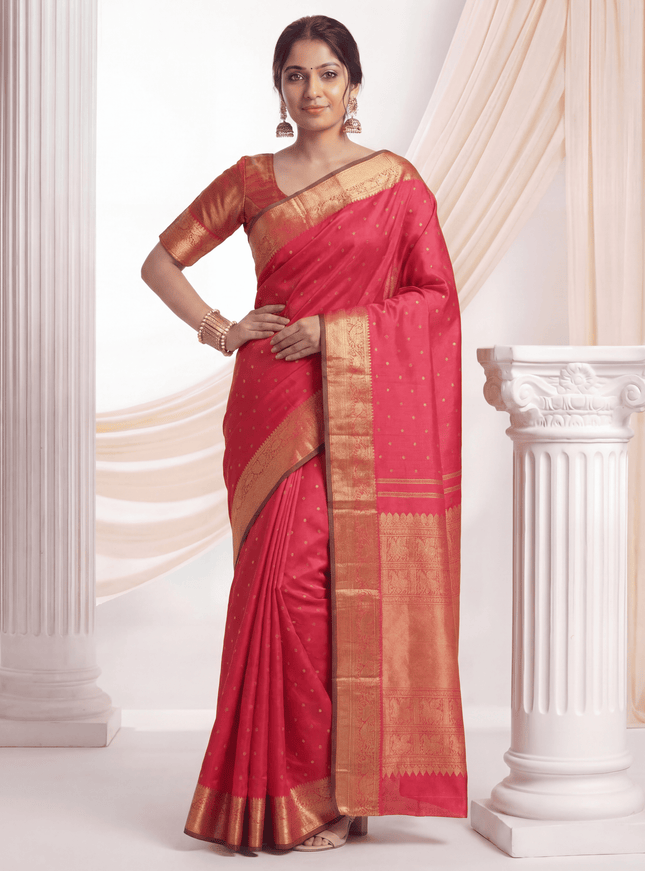 Pure kanchipuram silk saree pink and green with allover zari weaves & buttas and zari woven border