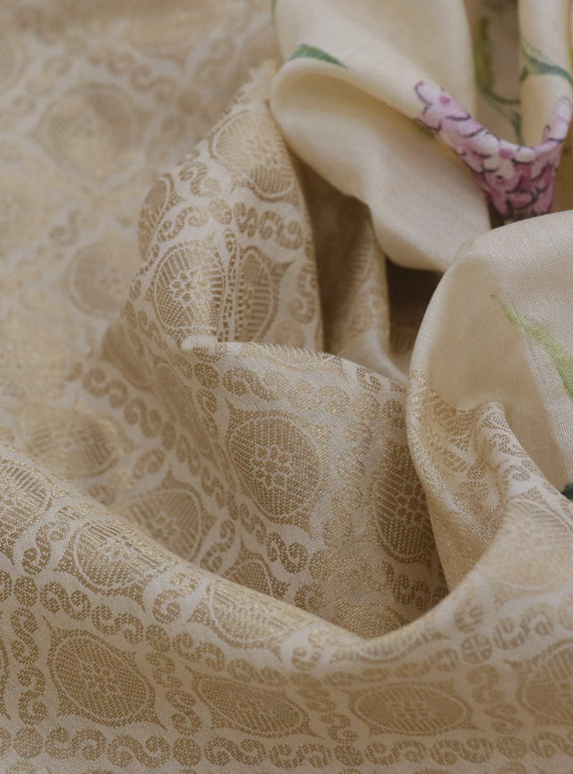 Banarasi silk saree cream with allover zari woven brocade weaves and floral digital printed border