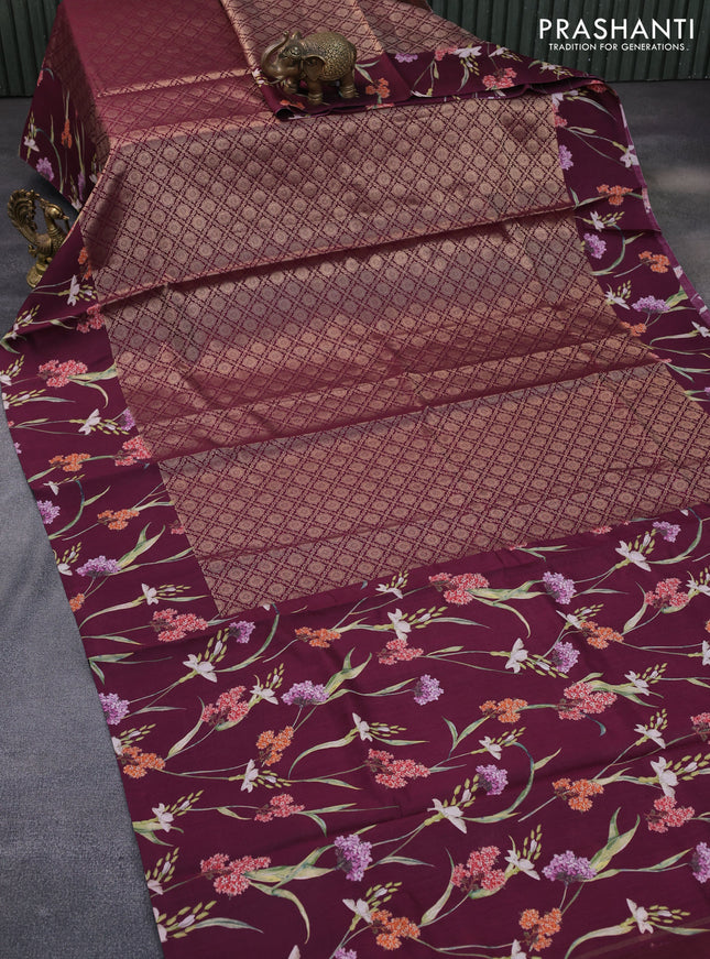 Banarasi silk saree maroon with allover zari woven brocade weaves and floral digital printed border