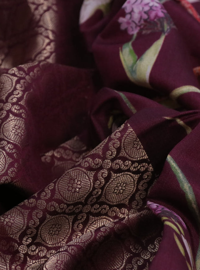 Banarasi silk saree maroon with allover zari woven brocade weaves and floral digital printed border