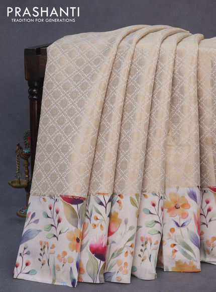 Banarasi silk saree pastel grey with allover zari woven brocade weaves and floral digital printed border
