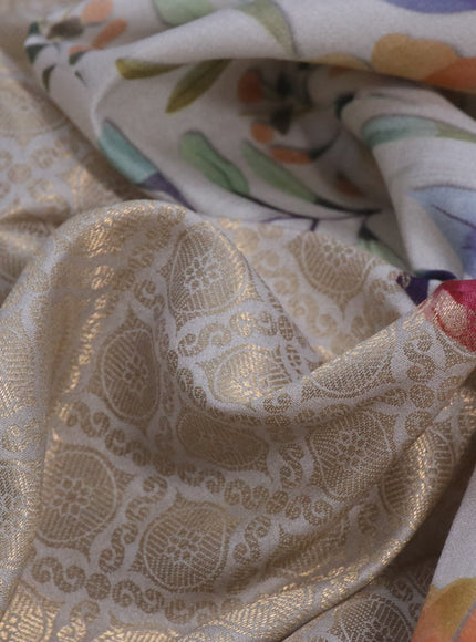 Banarasi silk saree pastel grey with allover zari woven brocade weaves and floral digital printed border