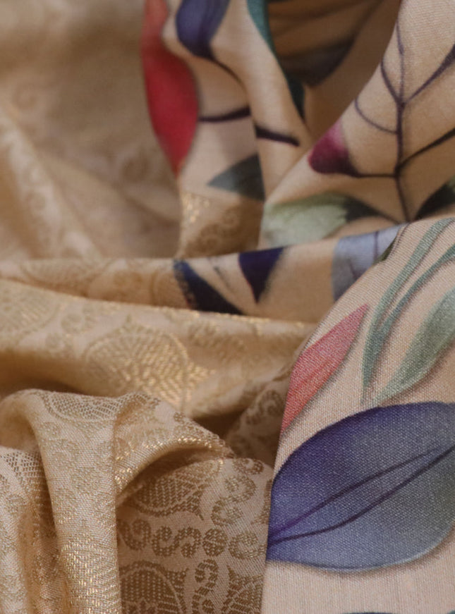 Banarasi silk saree sandal with allover zari woven brocade weaves and floral digital printed border