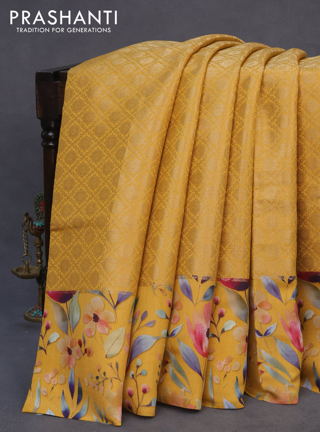 Banarasi silk saree mustard yellow with allover zari woven brocade weaves and floral digital printed border