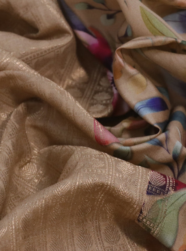 Banarasi silk saree sandal with allover zari woven brocade weaves and floral digital printed border