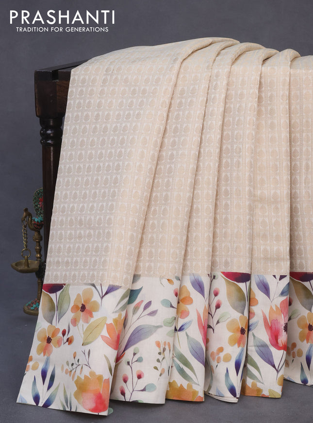 Banarasi silk saree cream with allover zari woven brocade weaves and floral digital printed border